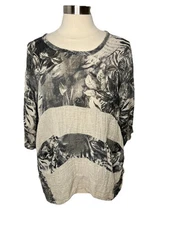 Stella Moda Italy Taupe Linen Crinkle Floral Pullover Pockets Top Lagenlook M