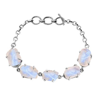 50.75ctw. Artisan Crafted Rough Cut Rainbow Moonstone Bracelet Sterling Silver