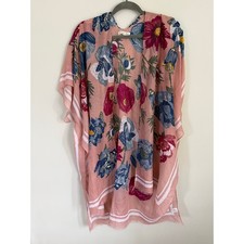 Woven Heart Women s Kimono Coverup, Swim Cover, pink with florals and gold