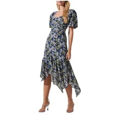 ASTR The Label Blue Multi Floral Short Balloon Sleeve Asymmetrical Midi Dress M