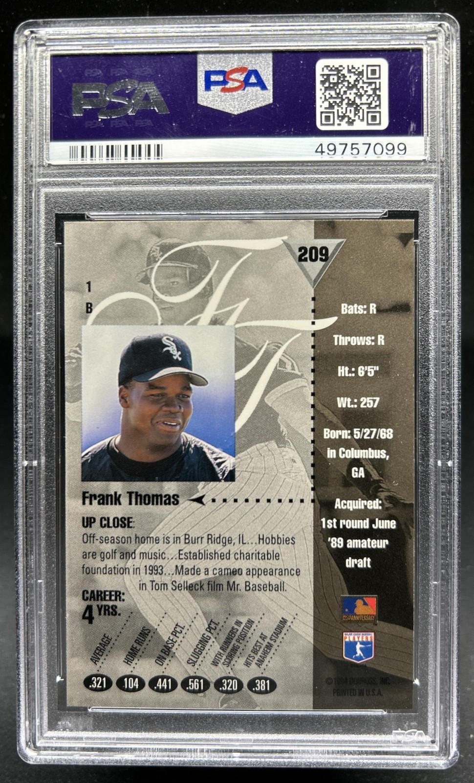 1994 Donruss Studio Frank Thomas #209 White Sox PSA 10 GEM MINT view 2