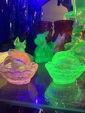 Set Of 2 Bunny On Nest Salt Cellar s Super UV Glow Uranium Selenium 