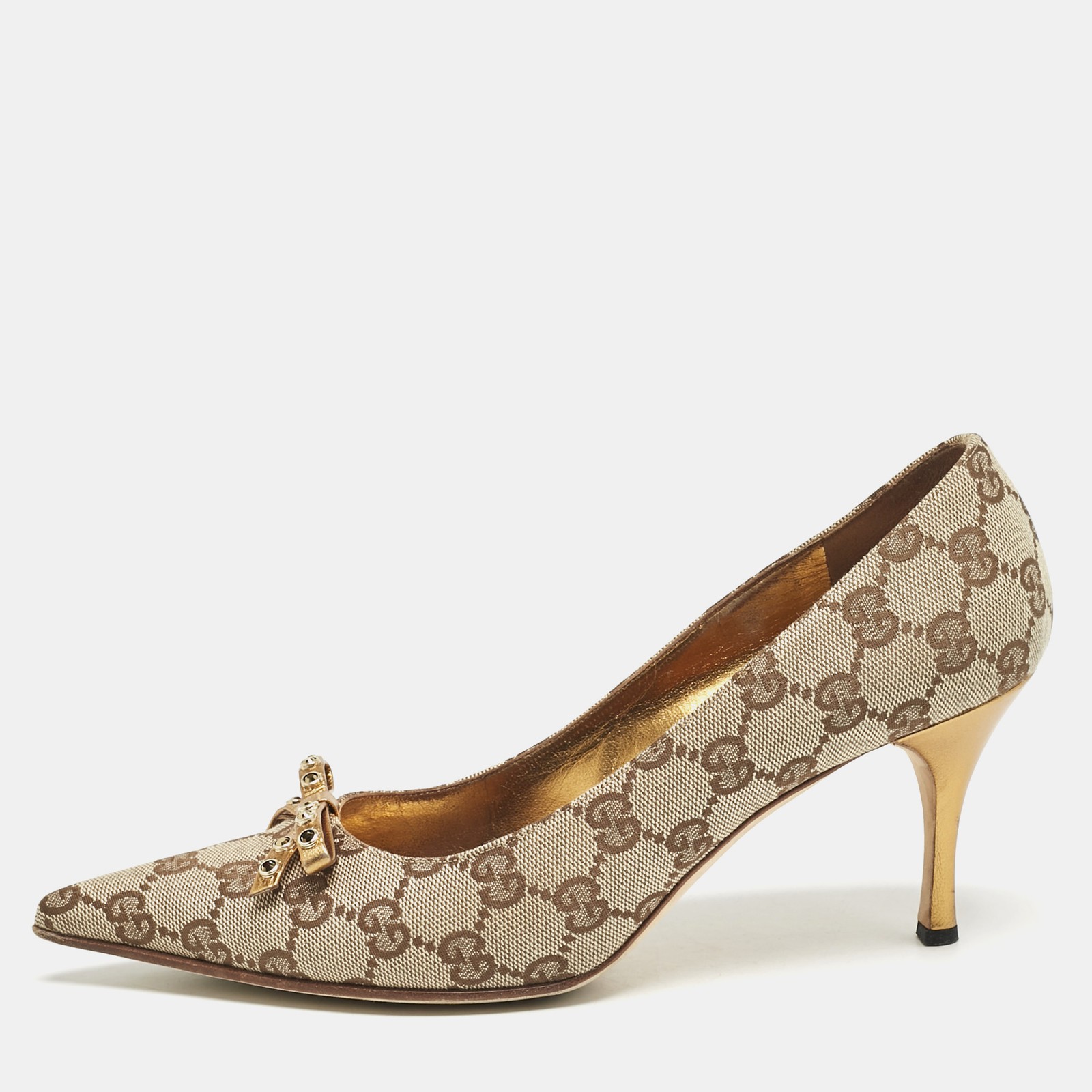 Gucci Beige GG Canvas Leather Crystal Bow Pumps Size 37