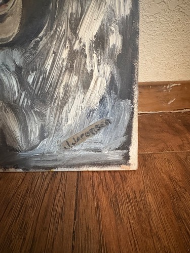 Dipinto olio originale di bambino Inuit di J. Jacobsen tela grigio nero LEGGI - Foto 6 di 7