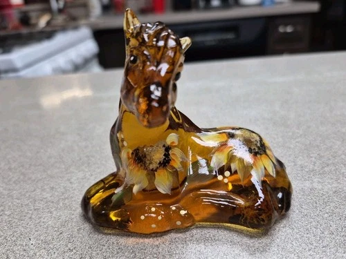 Fenton Glass Horse Foal Figure - Autumn Gold Hand Painted Barley - George Fenton