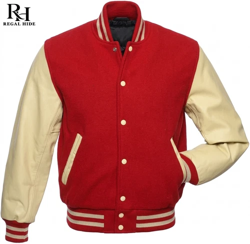 Men's Varsity Bomber Baseball Letterman College Jacket Wool Body Leather Sleeves - product listing photo