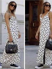 Zara Studio Polka Dot Slip Dress M Ivory Black Midi Blogger Viral