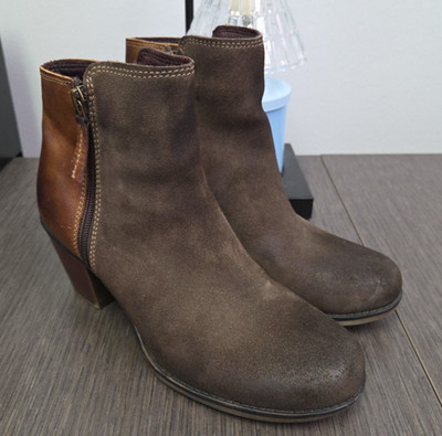Roan by Bed|Stü  Lina  Mixed Leather Bootie 8.5M Brown Distressed Stack Heel