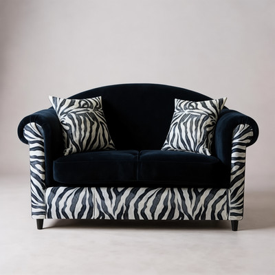 Black Velvet Loveseat Zebra Print Accent Fan Back Sofa Glam Retro Funky Couch 55