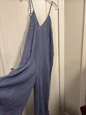Free People Isla Jumpsuit Sz Large Boho Blue With Pink Stripes Relaxed Slouchy