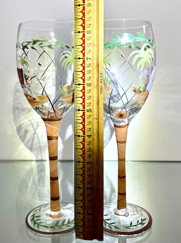 Elephant Tropical Wine Glass Set Of 2 Pine Trees Hand Painted Bamboo Stem 8.5” T - Picture 8 of 9