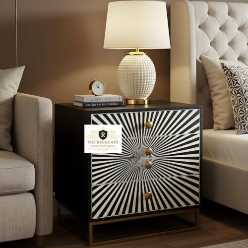 Bone Inlay, Nightstand Table, Bedside Table 3 Drawers Black Living Room Furnitur - Picture 5 of 7