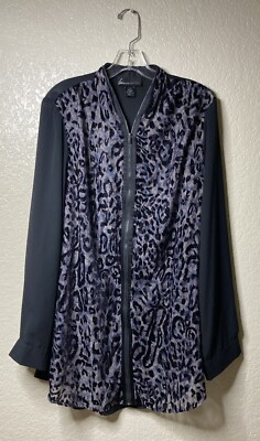 Lane Bryant Top Womens 22/24 Leopard Print Zip Front Semi Sheer Black Purple