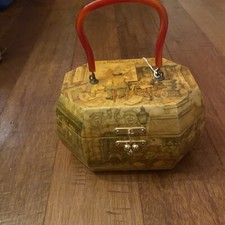 Vintage Wooden Decoupage Box Purse w/ Lucite Handle Victorian Scene