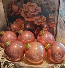 6 KREBS TUSCANY Rose PINK SHINY Glass CHRISTMAS SHABBY VICTORIAN BEACH COASTAL
