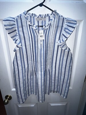 LOFT White Blue Striped Pintuck Ruffle Flutter Sleeve Top Blouse Womens L