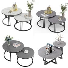 Round Nesting Coffee Table Set Furniture Stackable Heavy Metal Frame Real Marble