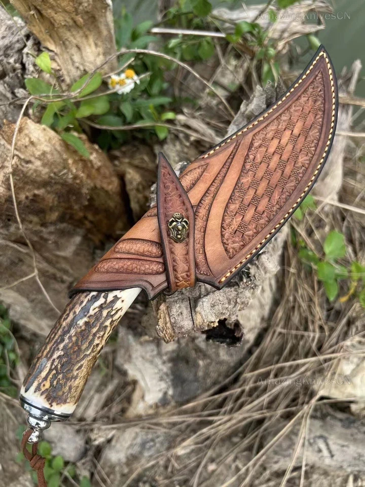 OUTDOOR SURVIVAL DAMASCUS BOWIE KNIFE HUNTING KNIFE FIXED BLADE STAG ANTLER - Image 3 of 4