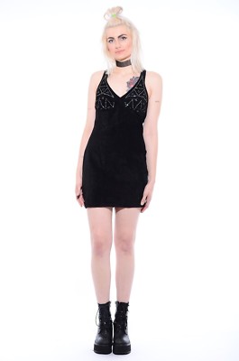 Vtg 80s 90s SUEDE Leather Bodycon Holographic Rhinestones Suspenders Mini  Dress