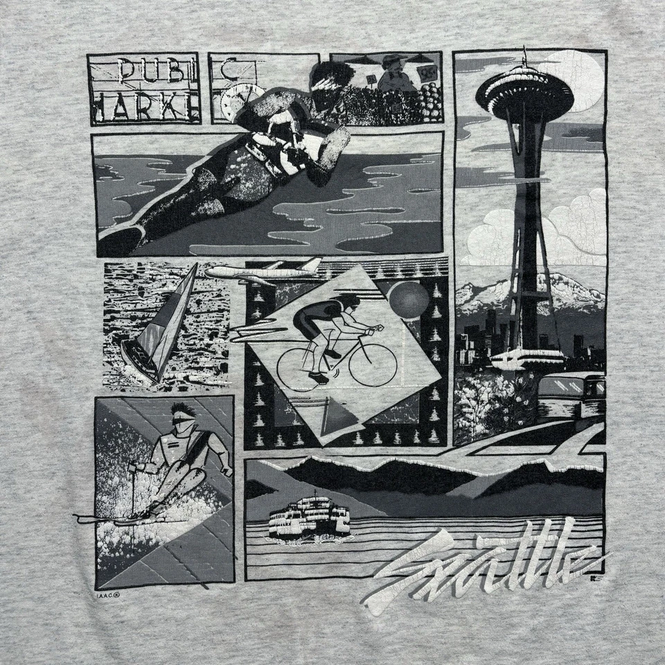 Vintage 80s Seattle Washington Space Needle Water Sports Art Tourist Shirt - M - Image 2 of 4