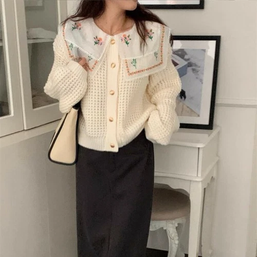 Mujeres Cuello Solapa Tejido Cárdigan Prendas para el torso Bordado Empalme Manga Larga Suéter - Imagen 5 de 9