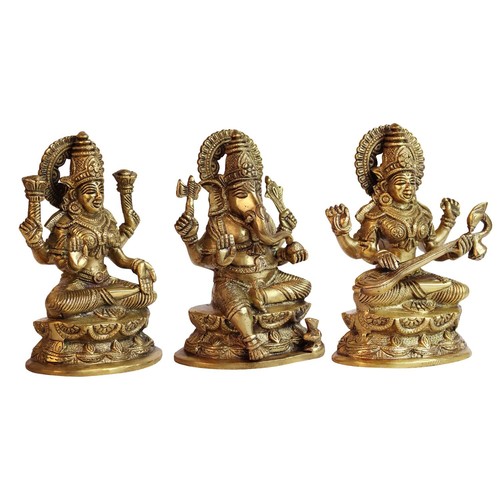 Laxmi Ganesha Saraswati Statue Brass Hindu Deities Idol Vastu Diwali Puja 7 Inch - Picture 3 of 6