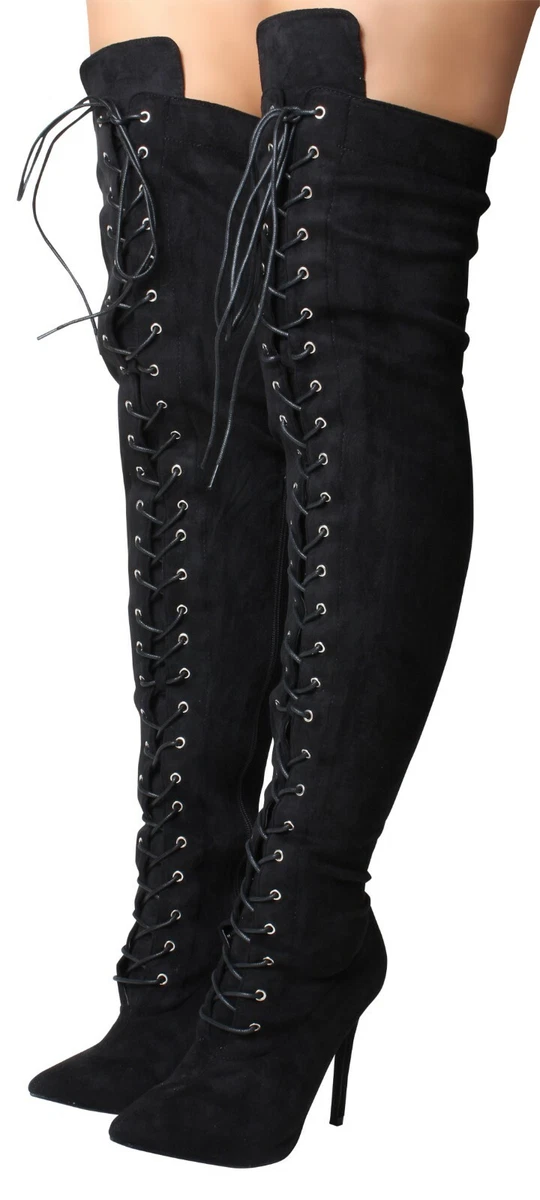 Black thigh high clearance lace up boots