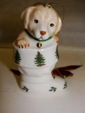 Spode Ceramic Ornament - Puppy Dog in Christmas Tree Decorated Stocking