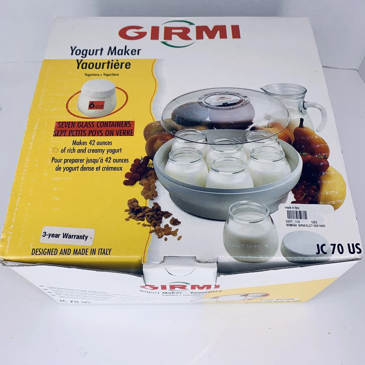 Girmi Model JC70 Miracle Electric Yogurt Maker Italy Made w 7 Class Jars w Lids