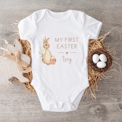 Personalised Beige Rabbit My First Easter White Babygrow/Vest