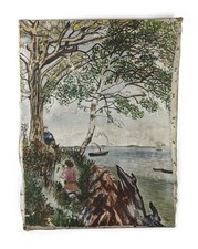 Antique 1930s Naive Primitive Landscape Oil Painting Romantic Couple Ocean Scene