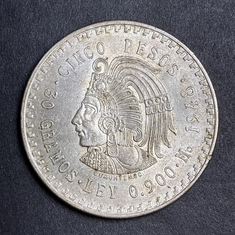 1948 Mexico CUAUHTEMOC CINCO 5 PESOS 30 Gramos 0.900 90% Silver 30g Coin