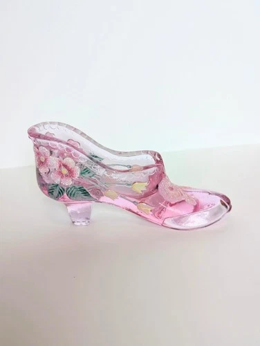 Fenton Pink Glass Shoe/Slipper Hand-Painted Floral w/ raised bow and signature