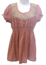 Mine Junior's Rust & Beige Boho Elastic Waist Puff Sleeves Large Dress