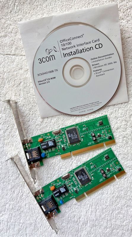 Two 3Com OfficeConnect 10/100 Network Interface Cards, model 3CSOHO100B-TX, used