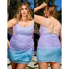Primavera Couture 14025 Ombre Crystal Blue Sequin Curvy Cocktail Dress 18W