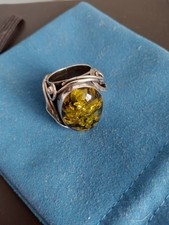 Vintage Polish Natural Green Amber Sterling Silver Ring Size 7.5 Wide Band.