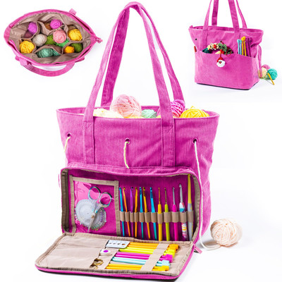 Large Crochet Bag and Tote - Corduroy Yarn Bag - Yarn Holder for Crocheting -...