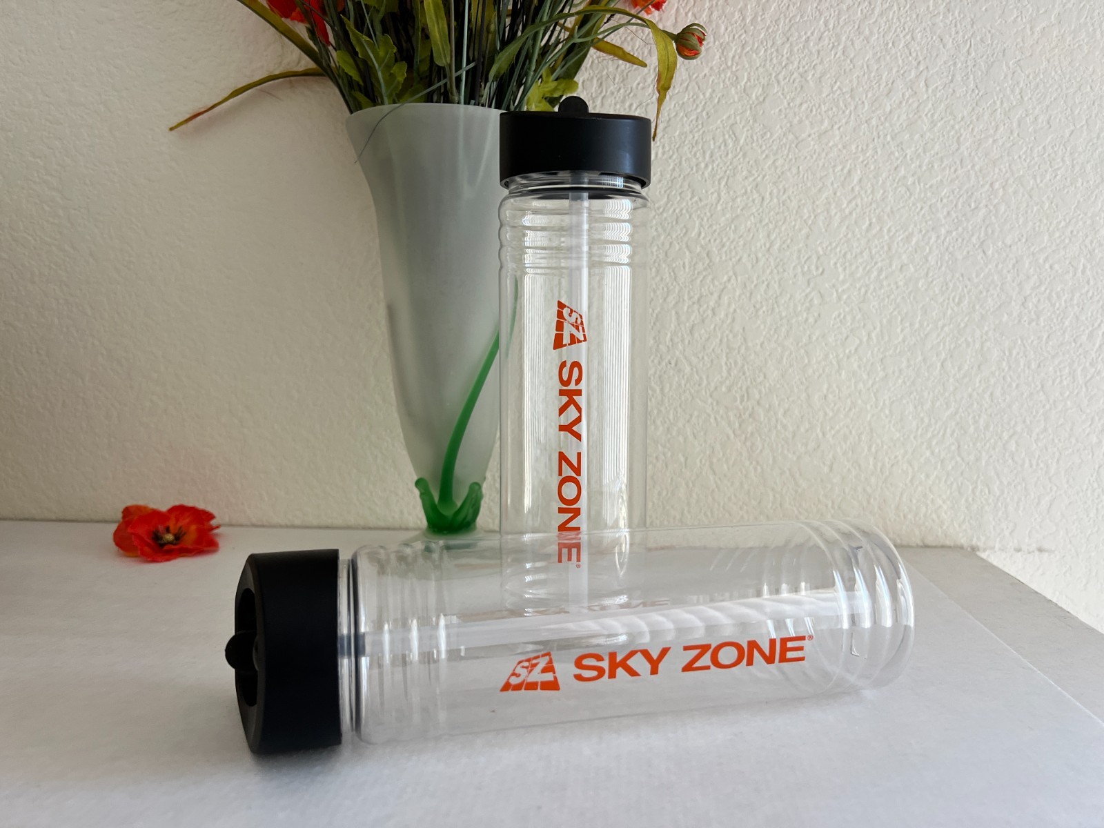 New TWO Sky Zone Water Bottles Plastic Clear Straw BPA Free Everyday Use
