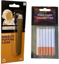 Fake Puff Cigarettes (Pack of 6) +(1 Set) Fake Puff Cigar - Blow Smoke, Faux Ci