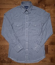 Wrangler Mens Small Western Pearl Snap Striped White Gray Long-Sleeve Cowboy EUC