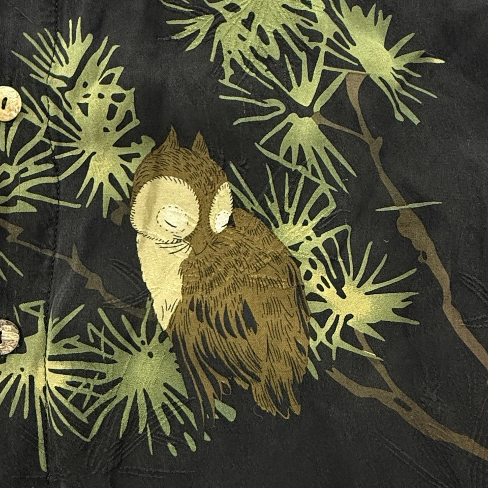 Citron Santa Monica Silk Shirt Asian Print Short Sleeve Vintage Village Birds - Image 4 of 4