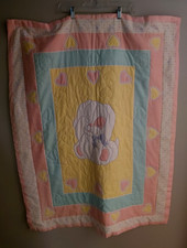 Hand Made Puppy Dog Crib Quilt Blanket Pink, Blue, Yellow w/Pink Back 45" X 35"