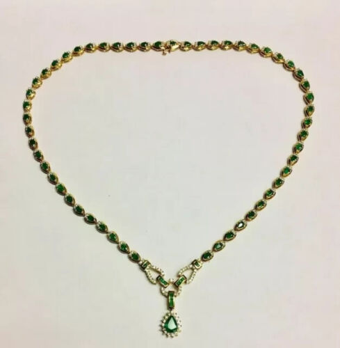 12Ct Pear Cut Lab-Created Emerald Tennis Women's Necklace 14K White Gold Plated - Picture 4 of 5