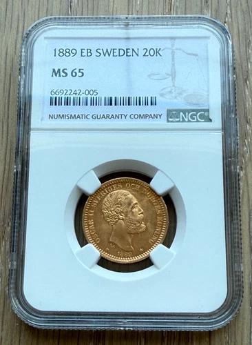 Sweden 1889 EB Gold 20 Kronor NGC MS65 Oscar II