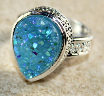 SILVER Vintage Style Sky Blue Rainbow Titanium Druzy Teardrop Ring, WR42003