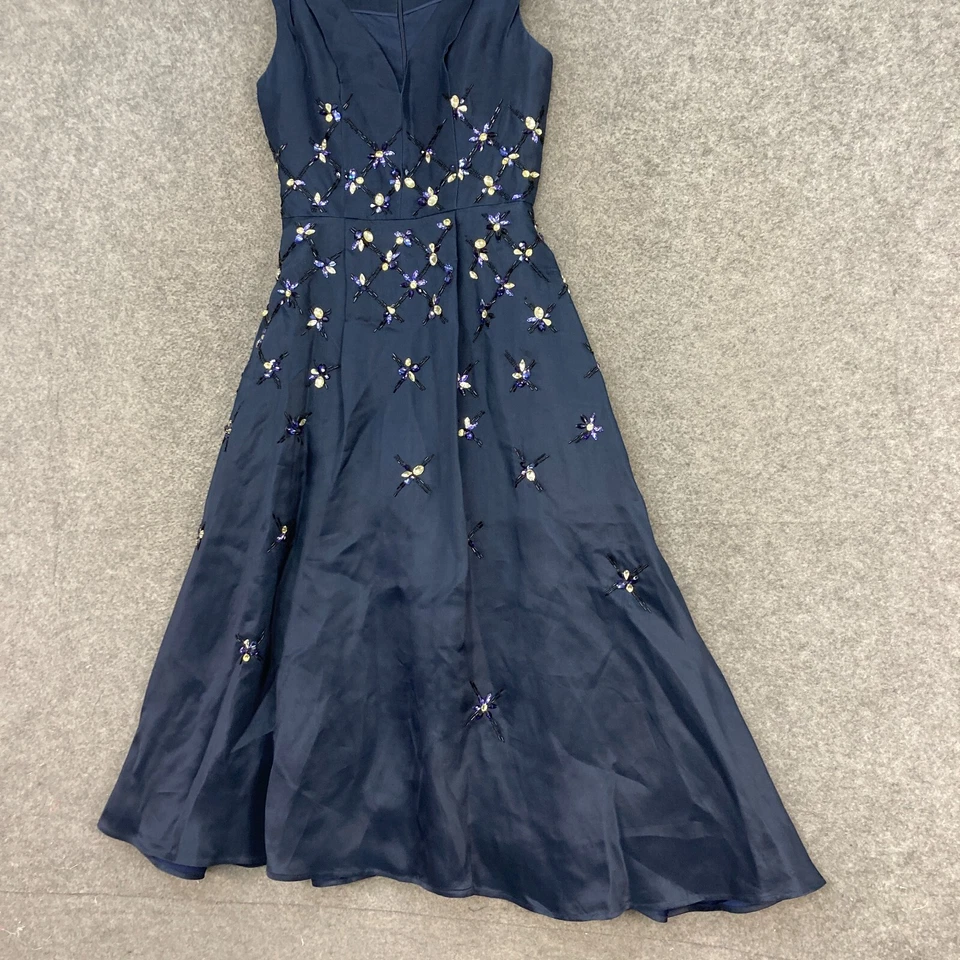 Vestido Carolina Herrera Mujer US 6 Azul Seda Cuentas Forrado Formal Cóctel A3807 Foto 3 de 4