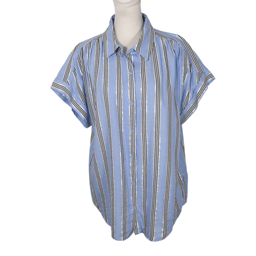 DKNY Blue Striped Button Down Shirt with Silver Metallic Accents NWT Size Medium