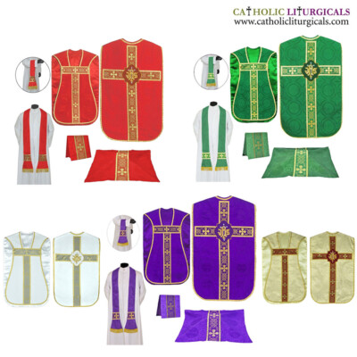 Set of 5 Red,White,Gold,Green,Purple Chasuble Fiddleback Vestment & mass sets