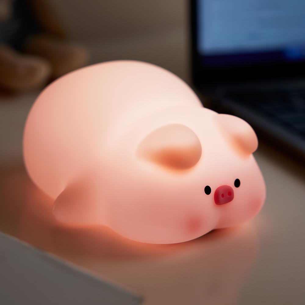 Pig Night Light for Kids, Food Grade Silicone, Rechargeable, Tap Fun Kawaii Lamp